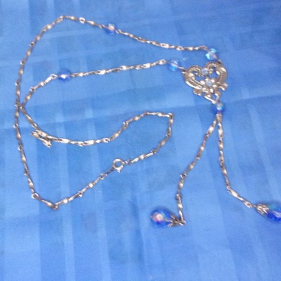 Blue Bead Silver Bar Link Lariat Style Necklace 26" Long - Picture 5 of 11
